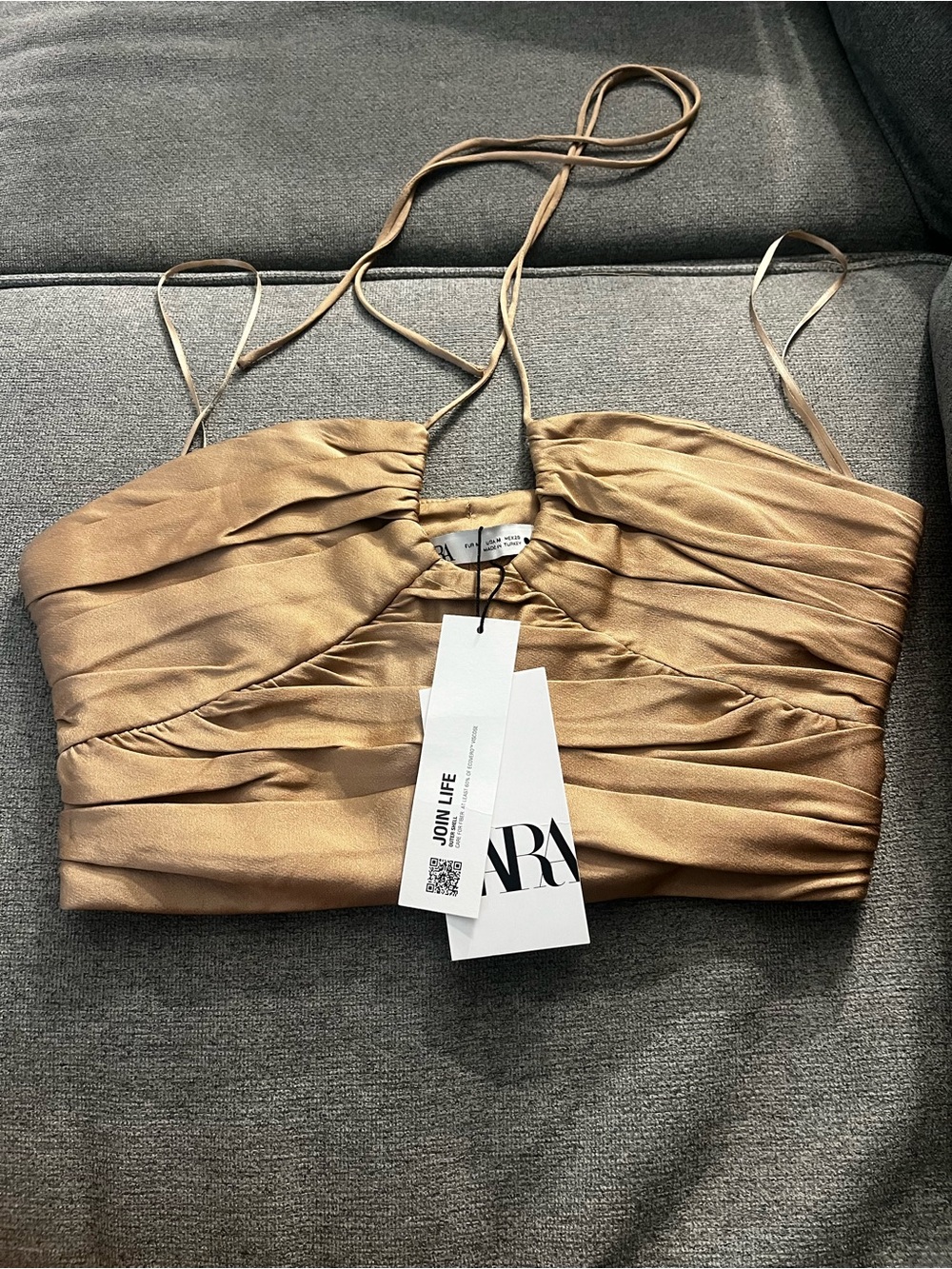 Zara Gold Satin Ruched Crop Top